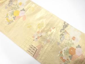 几帳に屋敷風景・花鳥模様織り出し　名古屋帯